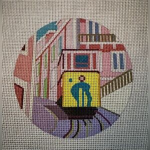 Hand painted Needlepoint Canvas 18 Mesh 4” round Trolley San Francisco